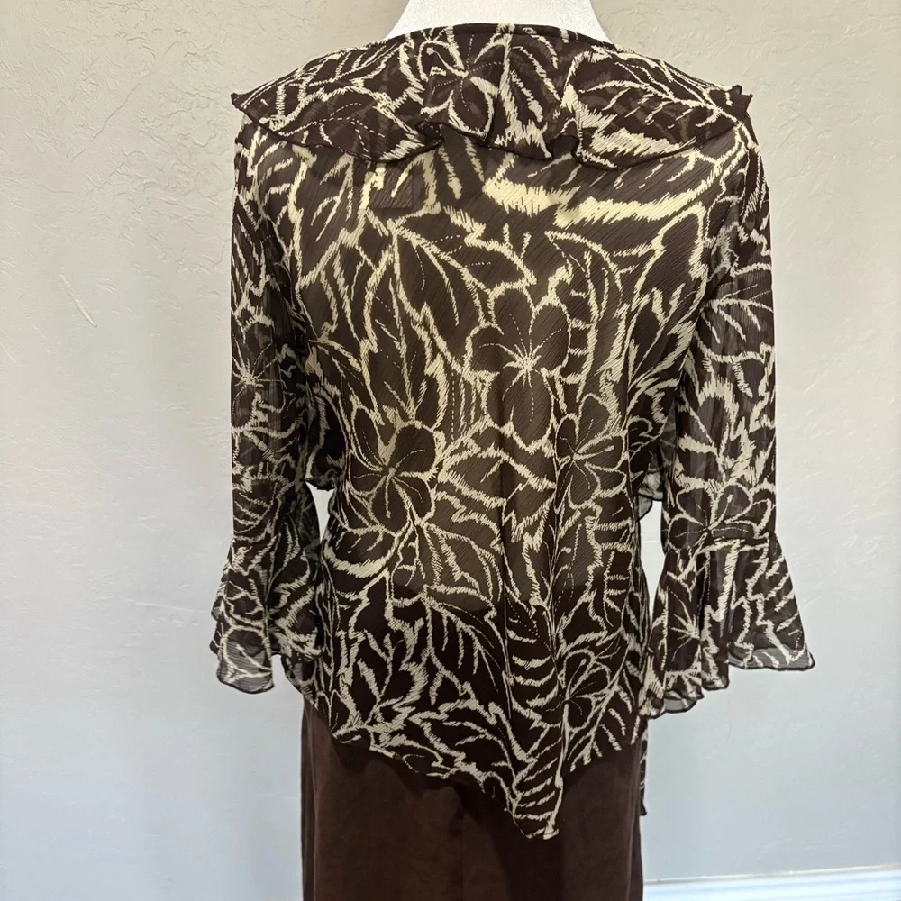 NWT 90s Sheer Floral Ruffle Tie Blouse Brown Beige | Versailles PM - Picture 7 of 12
